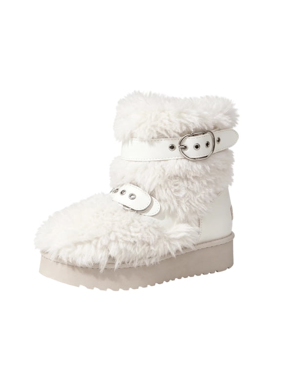 Women's Winter Snow Boots Fuzzy Buckle Warm Platform Ankle Booties Round Toe Slip On Sherpa Faux Fur Upper Non-Slip Cozy Casual Shoes White 6