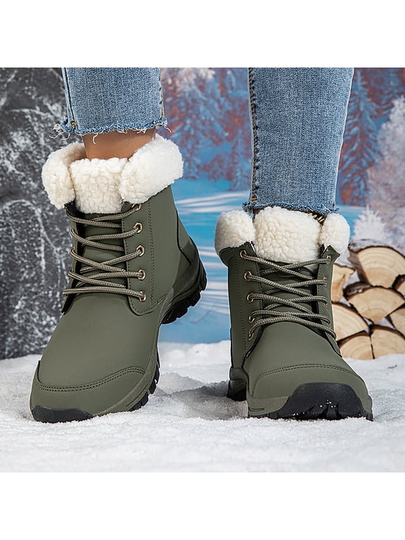 Women's Winter Snow Boots Waterproof Anti-Slip Ankle Booties with Faux Fur Lining Cozy Lace-Up Short Boots for Cold Weather City Walk Green Size 6