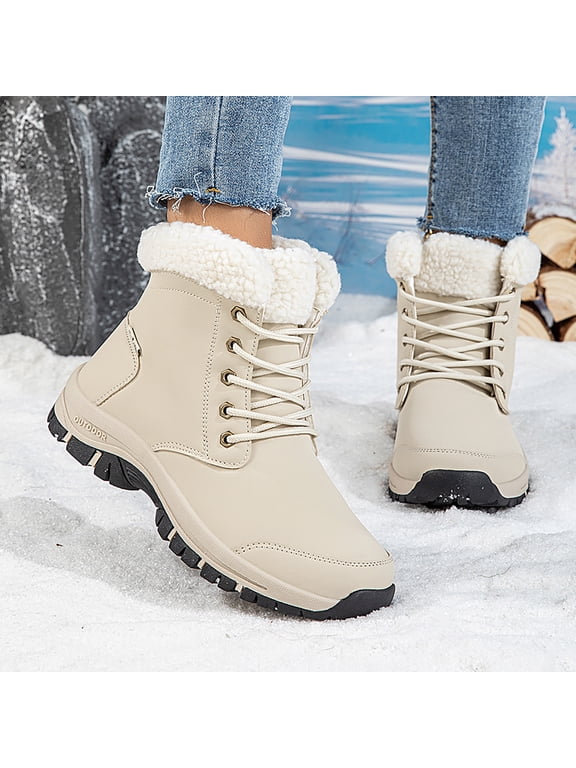 Women's Winter Snow Boots Waterproof Anti-Slip Ankle Booties with Faux Fur Lining Cozy Lace-Up Short Boots for Cold Weather City Walk White Size 7