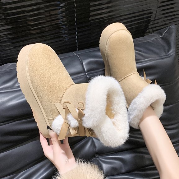 Women's Winter Snow Boots with Bow Detail - Suede-Like Warm Boots with Faux Fur Lining for Cold Weather