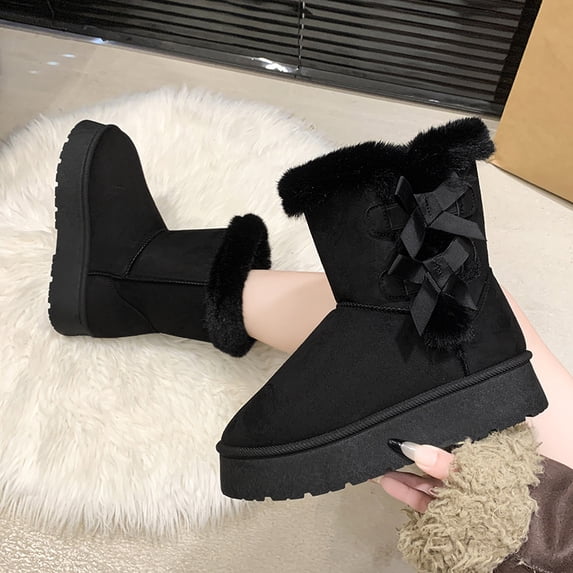 Women's Winter Snow Boots with Bow Detail - Suede-Like Warm Boots with Faux Fur Lining for Cold Weather
