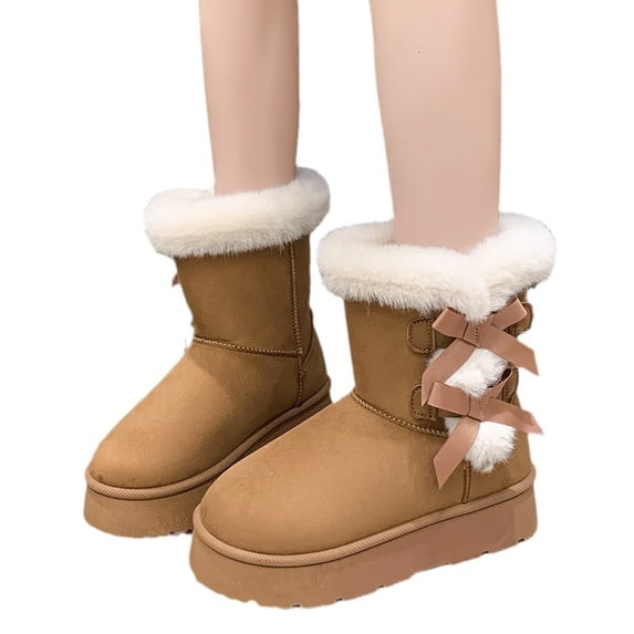 Women's Winter Snow Boots with Bow Detail - Suede-Like Warm Boots with Faux Fur Lining for Cold Weather