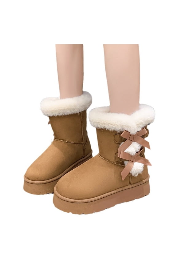 Women's Winter Snow Boots with Bow Detail - Suede-Like Warm Boots with Faux Fur Lining for Cold Weather