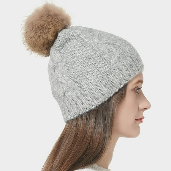 Women's Winter Soft Cable Knit Beanie Hat with Faux Fur Pom Pom Warm Skull Cap Beanies for Running Hiking Snow Ski