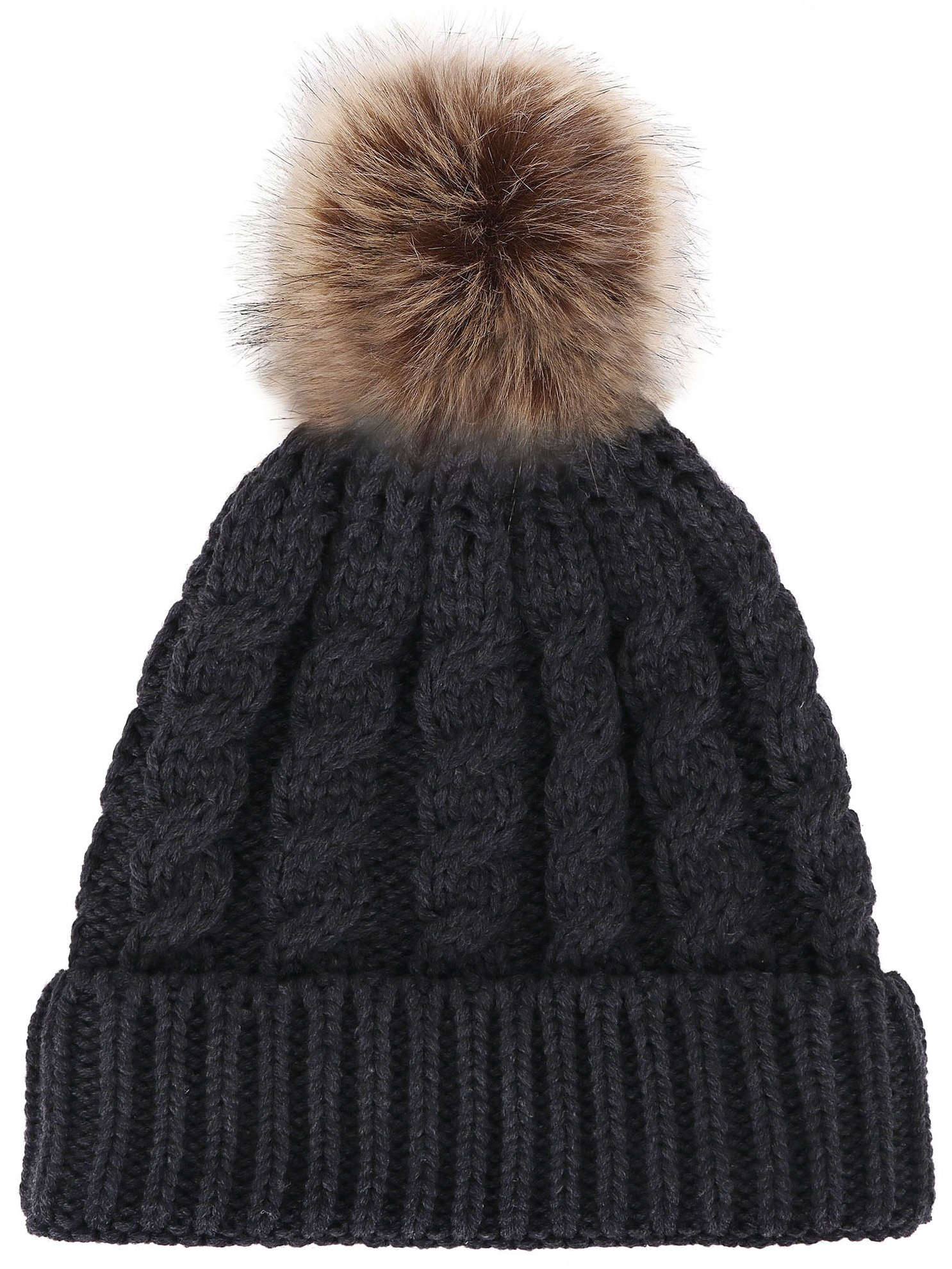 NWT Women’s Knit Beanie Hat Faux Fur Pom Pom Winter Cap One Size Black Gray Show Off Cable Knit Pom Beanie – Storm Creek main image 2