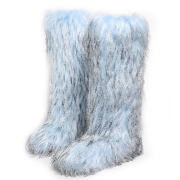 Women's Winter Solid Color Fluffy Faux Fur Knee High Snow Boots Girls's Outdoor Plush Warm Furry Long Boots Big Size