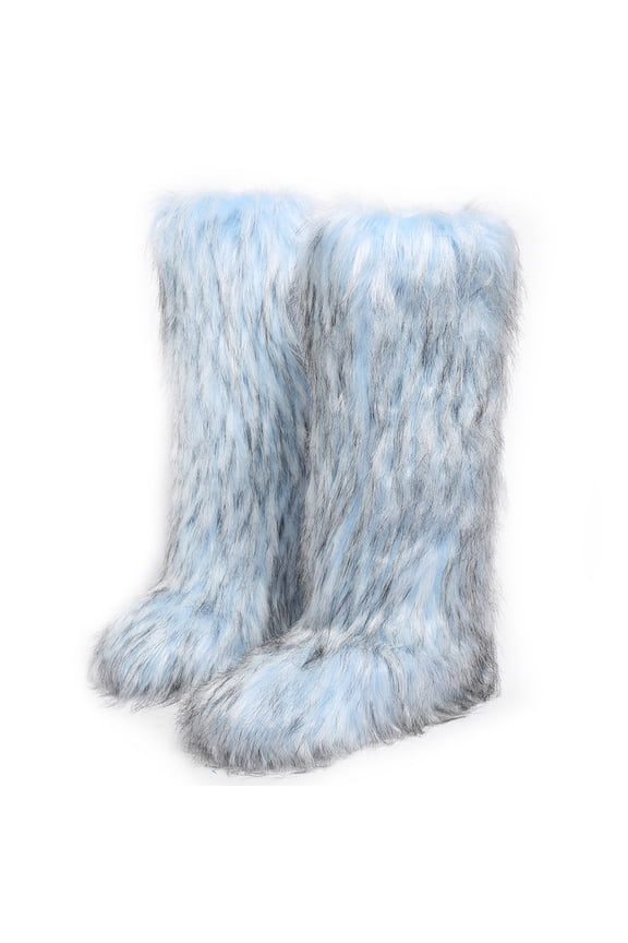 Women's Winter Solid Color Fluffy Faux Fur Knee High Snow Boots Girls's Outdoor Plush Warm Furry Long Boots Big Size