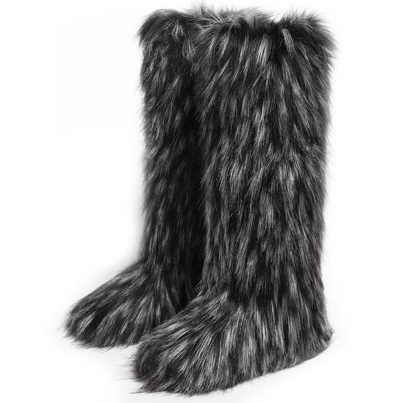 Women's Winter Solid Color Fluffy Faux Fur Knee High Snow Boots Girls's Outdoor Plush Warm Furry Long Boots Big Size