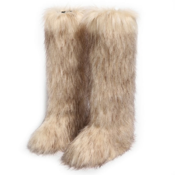 Women's Winter Solid Color Fluffy Faux Fur Knee High Snow Boots Girls's Outdoor Plush Warm Furry Long Boots Big Size
