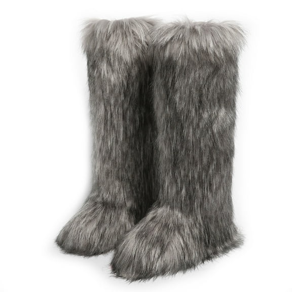 Women's Winter Solid Color Fluffy Faux Fur Knee High Snow Boots Girls's Outdoor Plush Warm Furry Long Boots Big Size