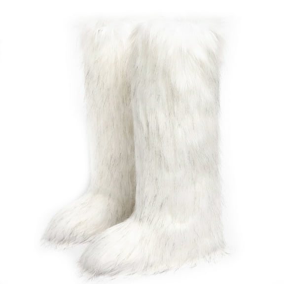 Women's Winter Solid Color Fluffy Faux Fur Knee High Snow Boots Girls's Outdoor Plush Warm Furry Long Boots Big Size