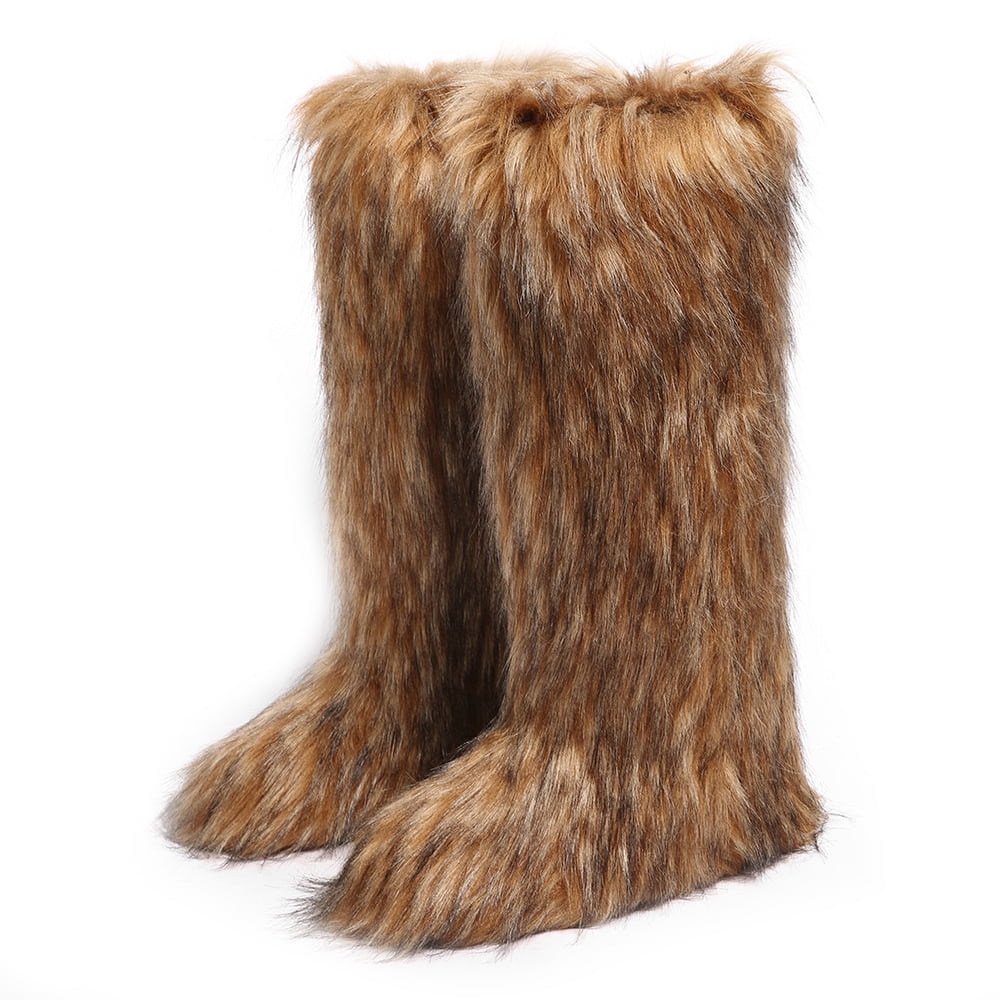 Women's Winter Solid Color Fluffy Faux Fur Knee High Snow Boots