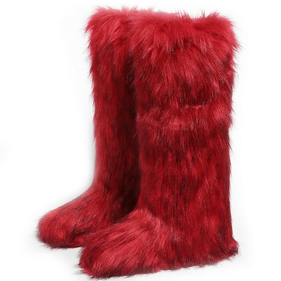 Women's Winter Solid Color Fluffy Faux Fur Knee High Snow Boots Girls's Outdoor Plush Warm Furry Long Boots Big Size