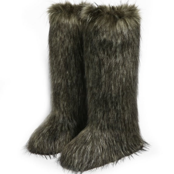 Women's Winter Solid Color Fluffy Faux Fur Knee High Snow Boots Girls's Outdoor Plush Warm Furry Long Boots Big Size