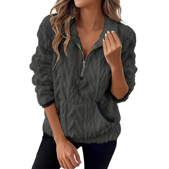 Women's Winter Solid Color Half Zip Lapel Collar Jacquard Print Sweatshirt, Fleece Lined Pocket Hoodless Long Sleeve Pullover Top with Loose Fit Comfortable Fabric for Casual Daily Wear Dark Gray S