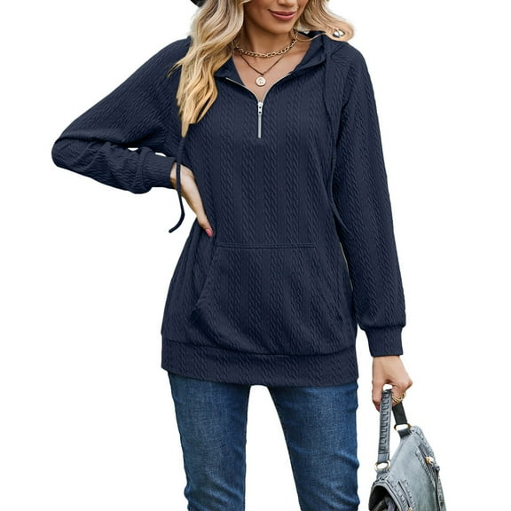 Women's Winter Solid Color Loose Fit Half Zip Front Casual Long Sleeve Tunic Hoodie