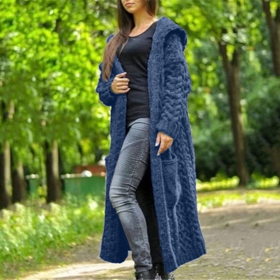 Women's Winter Solid Knitted Loose Hooded Long Cardigan Sweater with Pocket, Cozy and Soft Cable Knit Design for Casual Layering, in Blue, Size S