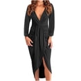 thumbnail image 1 of Women's Winter Solid Maxi Dress Long Sleeve Deep V-Neck Sexy Slit Pleated Long Dress Fall Evening Party Cocktail Dresses, 1 of 7