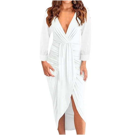 Women's Winter Solid Maxi Dress Long Sleeve Deep V-Neck Sexy Slit Pleated Long Dress Fall Evening Party Cocktail Dresses