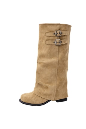 Women’s Winter Solid Suede Knee High Boots Fold Over Cuff Two-Way Wear Round Toe Low Block Heel Comfort Slouchy Mid Calf Fashion Tall Booties Khaki 8.5(41)