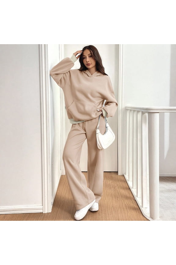 Women's Winter Sports Suit, Warm Hoodie and Casual Pants Two-Piece Set, Thick Fleece Outfit for Cold Weather, Comfortable Athletic Wear for Gym Outdoor Activities(S Khaki)