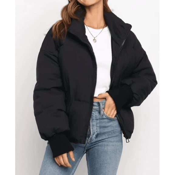 Women's Winter Stand Collar Zip Puffer Jacket Baggy Short Padded Down Warm Coats
