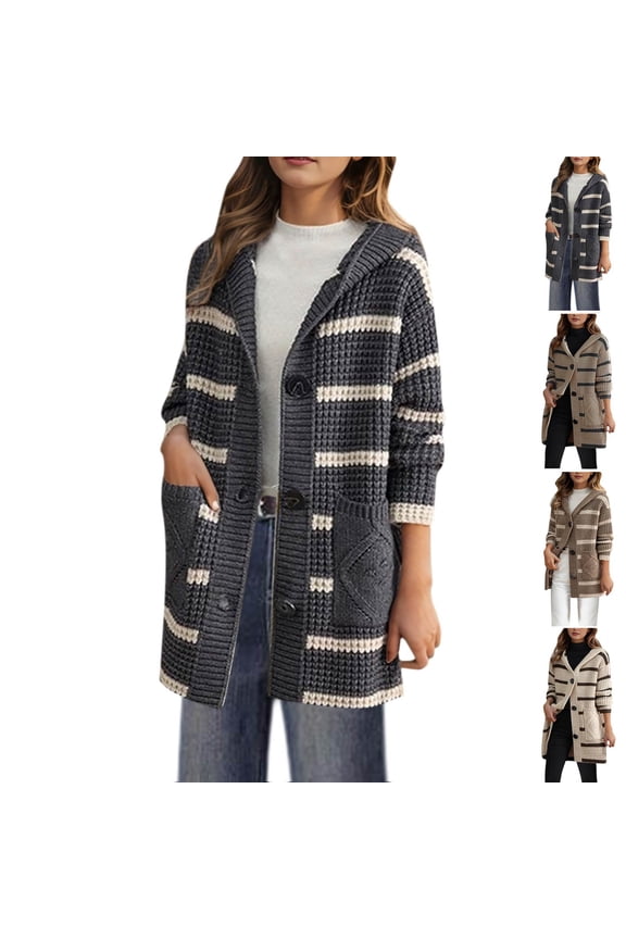 Women's Winter Striped Knit Cardigan Sweater Top Hooded Longline Pullover Casual Loose Fit Cozy Outerwear for Daily Wear Travel Loungewear Fashion Essential Gift | Aestivo,Gray XL