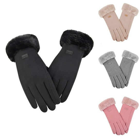 Women's Winter Suede Gloves with Fur Cuffs - Soft, Warm, Touchscreen, Fleece Lined Black One Size