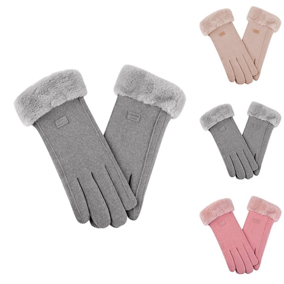 Women's Winter Suede Gloves with Fur Cuffs - Soft, Warm, Touchscreen, Fleece Lined Gray One Size