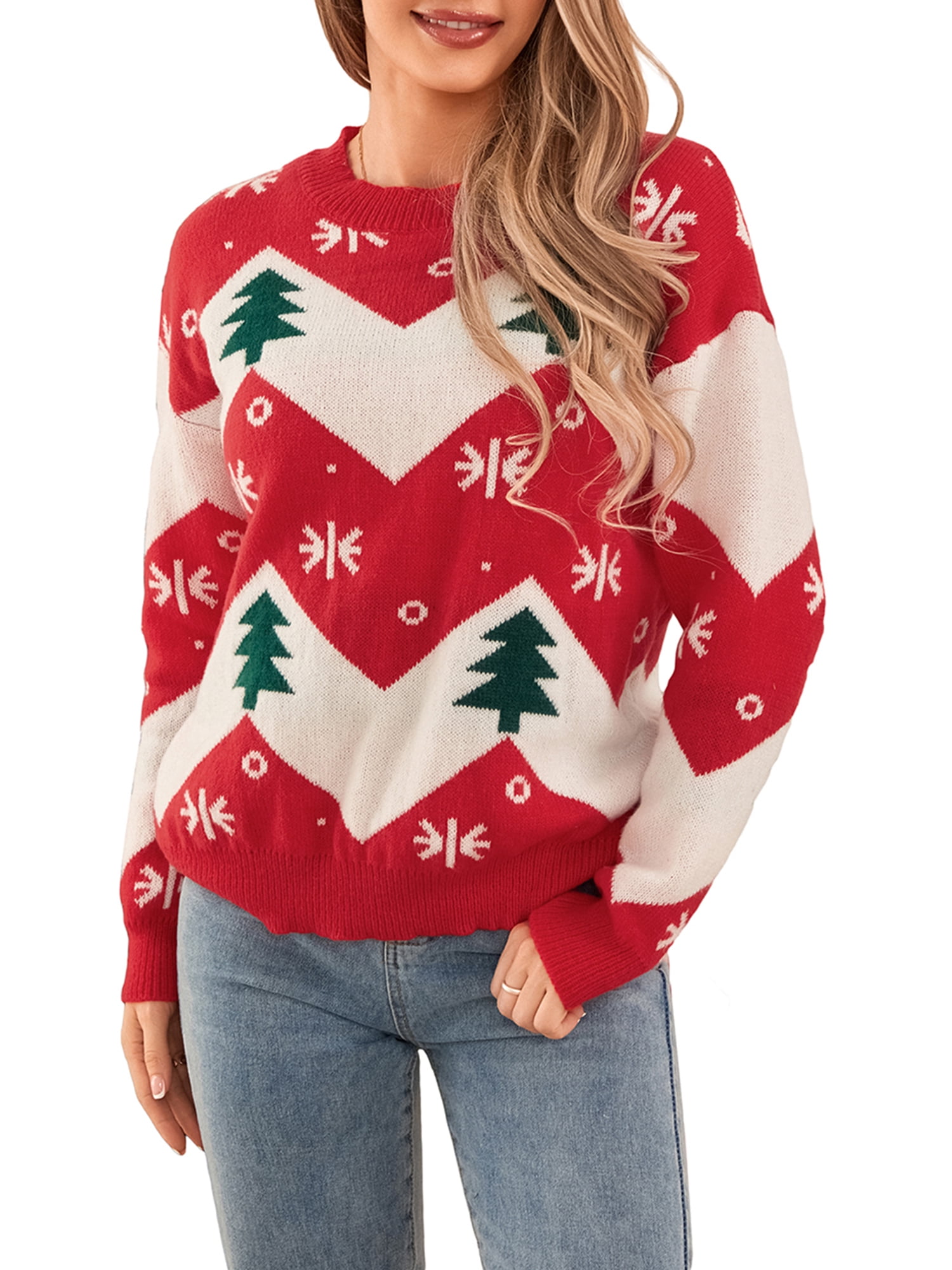 Women's Winter Sweaters Christmas Tree Print Long Sleeve Pullover