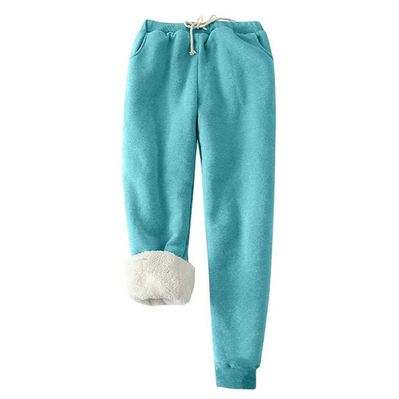 Women's Winter Thermal Athletic Sweatpants Sherpa Lined Solid Color Joggers Pants Drawstring Pockets Plus Size Trousers(Blue,S)