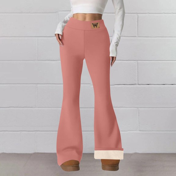 Women's Winter Thermal Fleece Lined Flare Pants, High Waisted Soft Leggings with Pockets, Warm Casual Pants for Lounge Wear and Outdoor Activities, Cozy Comfortable Winter Bottoms for Daily Use Pink