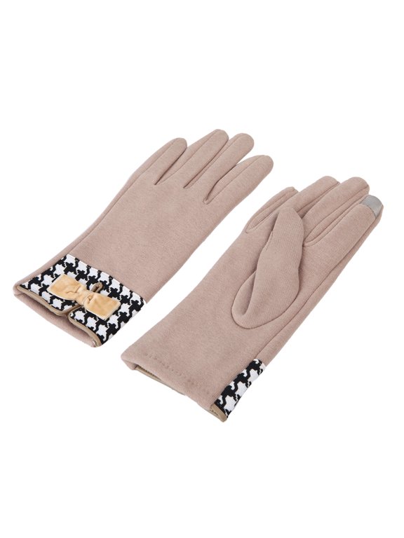 Women's Winter Thermal Gloves with Velvet Bow & Houndstooth Trim