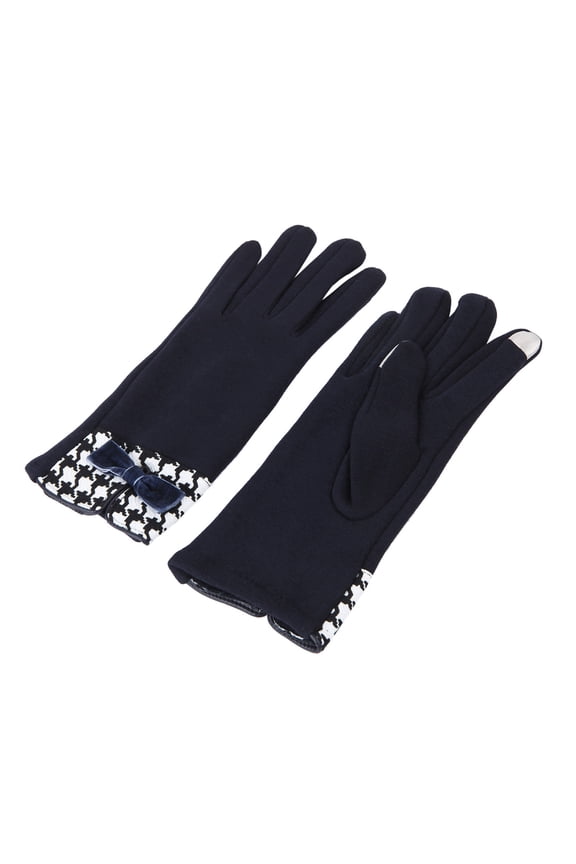 Women's Winter Thermal Gloves with Velvet Bow & Houndstooth Trim