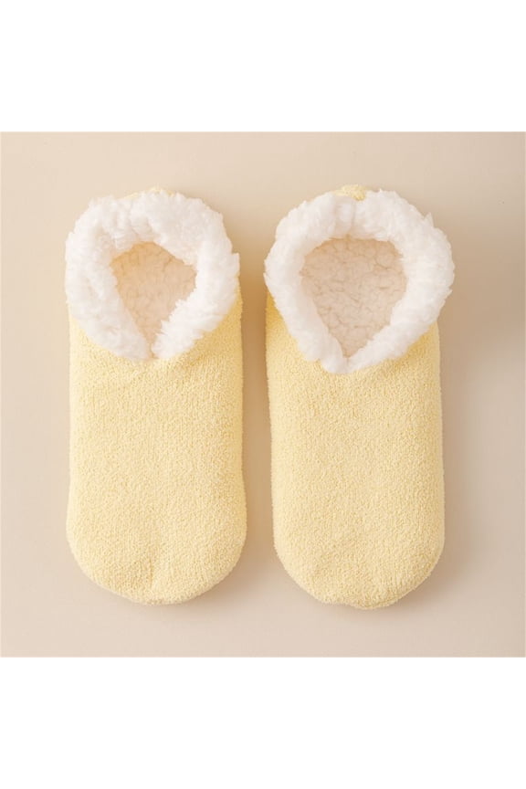Women's Winter Thick Crew Socks, Plush Lamb's Wool Thermal Slipper Socks with Non-Slip Grips, Cozy House Socks for Indoor Use, Warm Couple's Matching Floor Socks, Short Ankle Warmers - Yellow