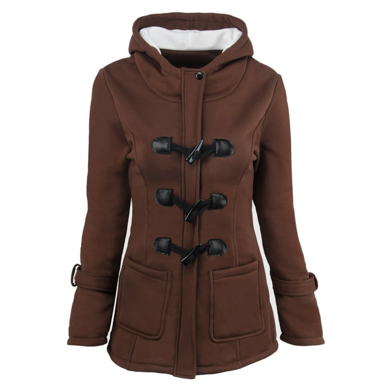 Women horn button cotton fleece hooded duffle coat on sale