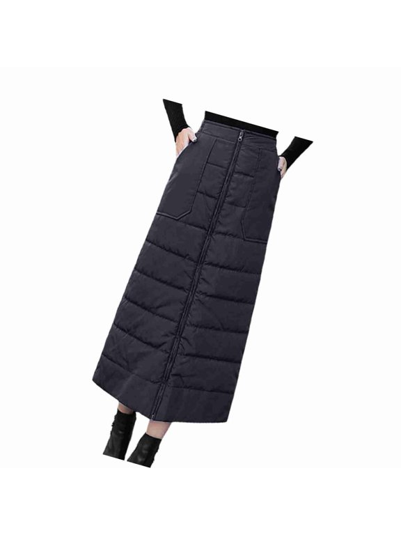 Women's Winter Thickened Down Cotton High-Waist Quilted Midi Skirt with Zipper Closure and Pockets, Warm Half-Length Apron Puffer Skirt for Cold Weather Casual Wear