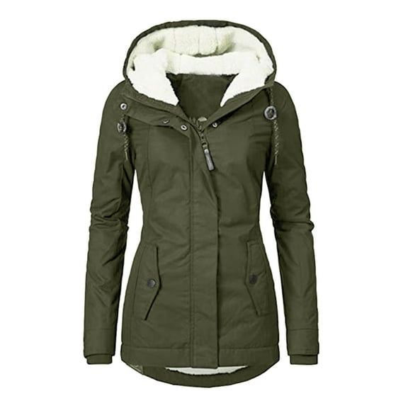 Women's Winter Thickened Hooded Coat - Long-Sleeve Zipper Front Pocket Faux Fur-Lined Trench Jacket, Olive Green, XXXXL