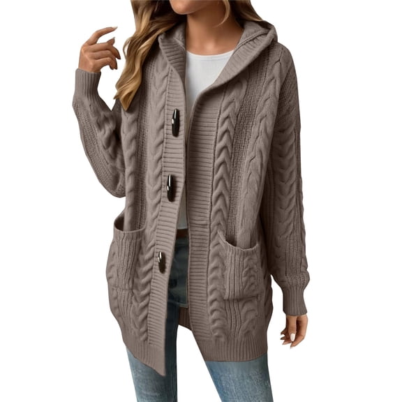 Women's Winter Thickened Plus Size Hooded Cardigan, Embossed Knit Sweater Coat, Oversized Cable Knit Jacket, Warm Loose Fit Outerwear, Soft Casual Lounge Wear Coffee L