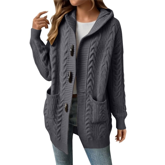 Women's Winter Thickened Plus Size Hooded Cardigan, Embossed Knit Sweater Coat, Oversized Cable Knit Jacket, Warm Loose Fit Outerwear, Soft Casual Lounge Wear Dark Gray L