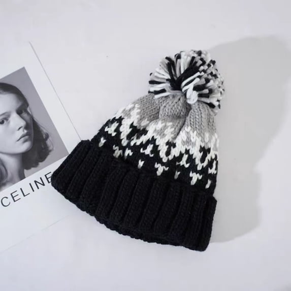 Women's Winter Thickened Warm Wool Knitted Hat, Winter Cold- Ear-protecting Hat For Round And Square Faces With Jacquarded And Pom-pom