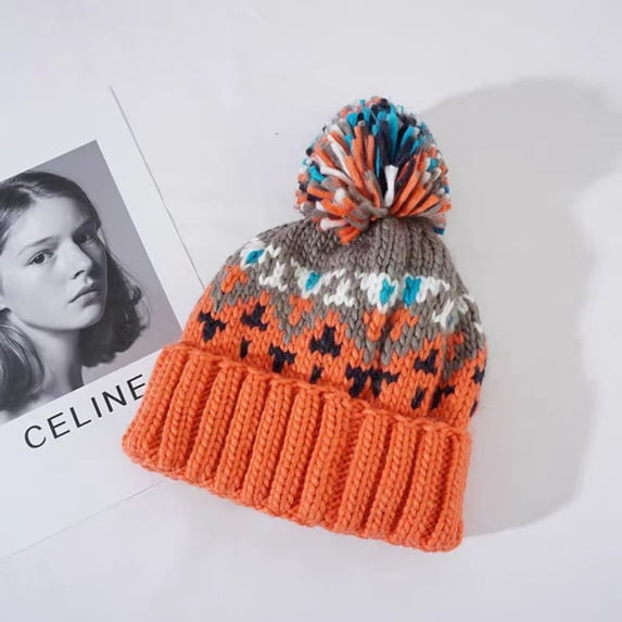 Women's Winter Thickened Warm Wool Knitted Hat, Winter Cold- Ear-protecting Hat For Round And Square Faces With Jacquarded And Pom-pom