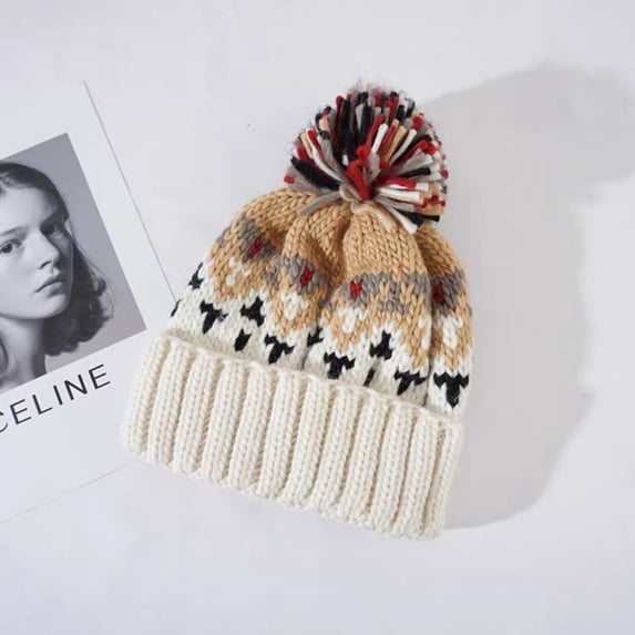 Women's Winter Thickened Warm Wool Knitted Hat, Winter Cold- Ear-protecting Hat For Round And Square Faces With Jacquarded And Pom-pom