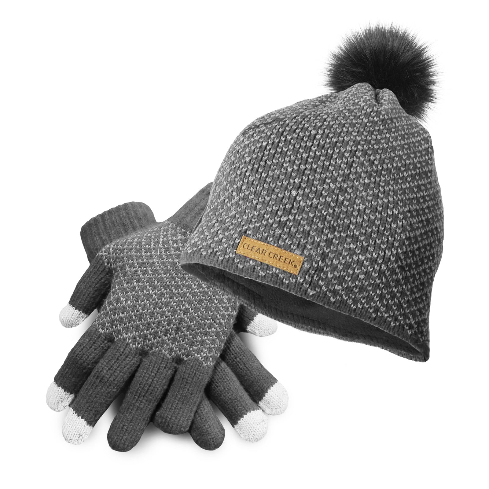 Women\'s Fleece Wool Lined Gray Beanie Winter Warm Snow Knit Cross Pom Hat Cap Grey Merino Beanie with Beige Fox Pom Pom – Shop With FurbySD main image 4