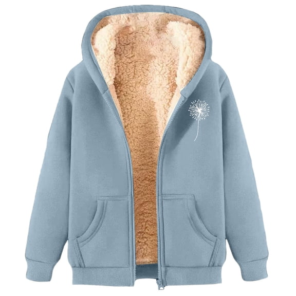 Women's Winter Velvet Thickened Warm Solid Color Cardigan Hooded Sweatshirt Zip Jacket for Women Light Blue 2XL