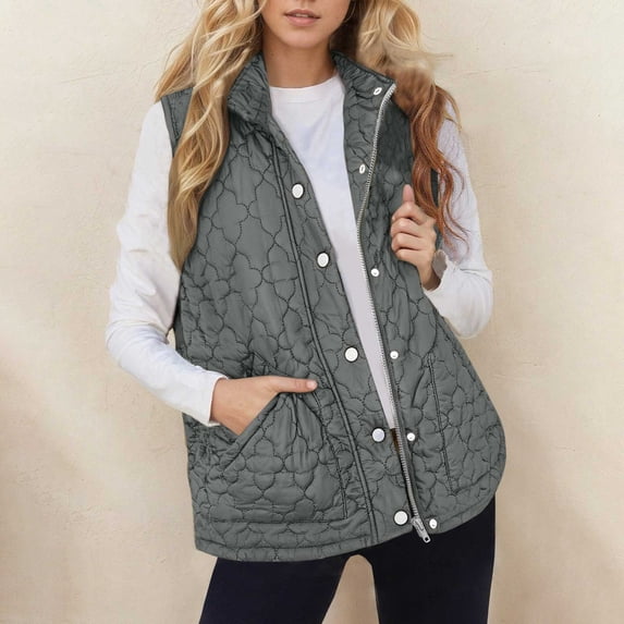 Women's Winter Vest Sleeveless Fleece Jacket Zip Up Stand Collar Long Warm Drawstring Coat With Pockets Outerwear