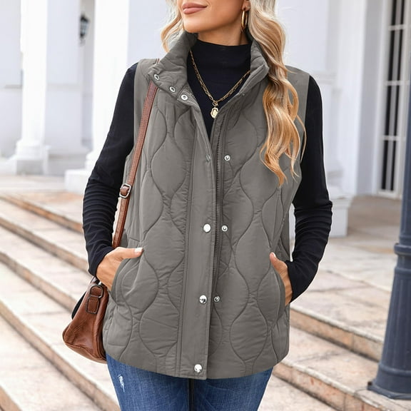 Women's Winter Vest Sleeveless, Quilted Insulated Jacket with Zip-Up Front and Turn-Down Collar, Warm Fleece Coat with Pockets for Casual Outerwear