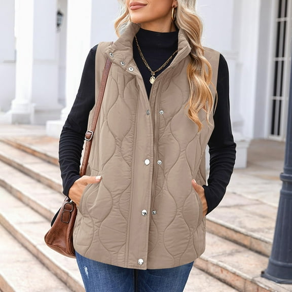 Women's Winter Vest Sleeveless, Quilted Insulated Jacket with Zip-Up Front and Turn-Down Collar, Warm Fleece Coat with Pockets for Casual Outerwear
