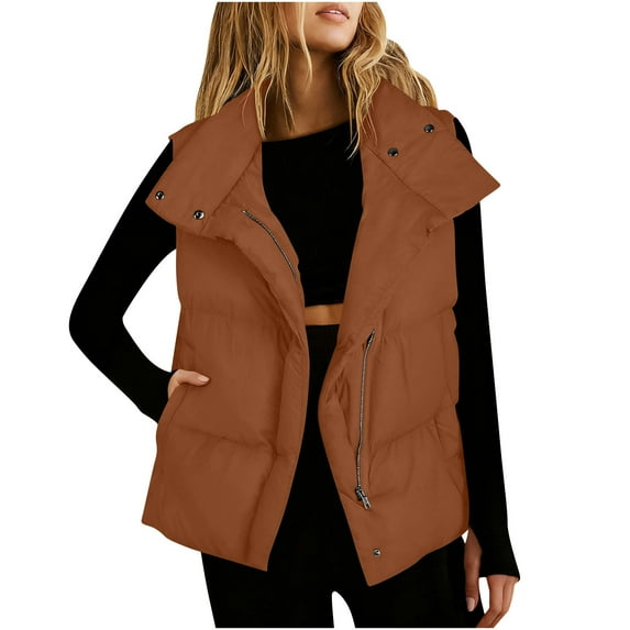 Women's Winter Vests Lightweight New Women Puffer Vests Sleeveless Zip up Stand Collar Quilted Lightweight Jacket Winter Warm Padded down Outerwear Brown XL