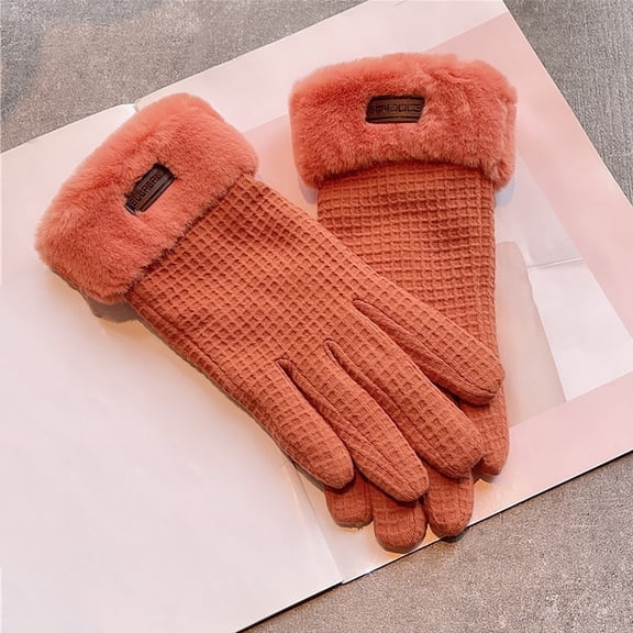 Women's Winter Waffle Pattern Touchscreen Gloves, Fleece Lined Thermal Gloves for Cycling, Thickened Windproof Cold Weather Gloves, Breathable Knit Gloves with Smartphone Compatibility - Orange
